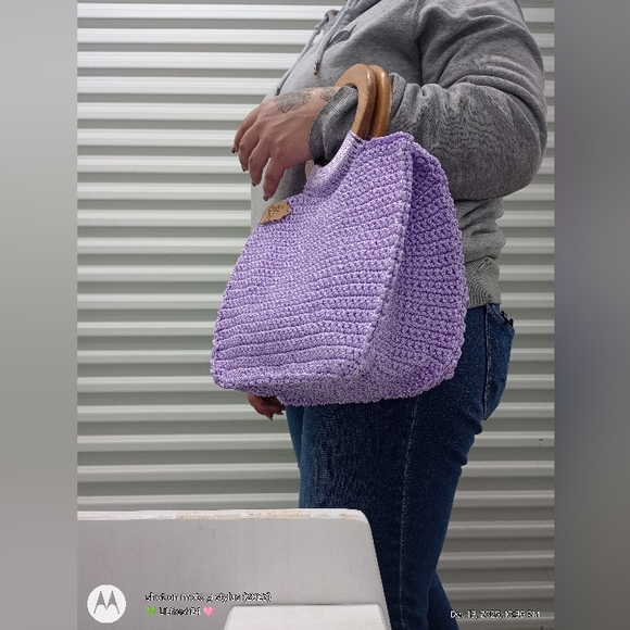Lavender Knit Handbag with Wooden Handles - Picture 3 of 12
